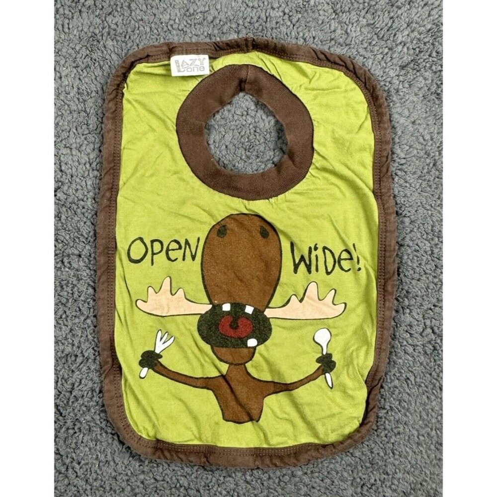 Lazy One Bib Baby INFANT Pullover One Size Green Brown Moose Open Wide Graphic